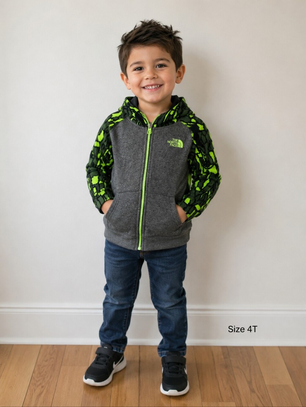 AUTHENTIC The North Face Kids Gray Hoodie with Neon Green Patterned Sleeves